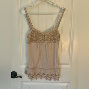 Y2K Lucky Brand Beige Floral Embroidered Babydoll top